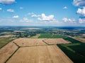 Ripe cereals on a farm field in summer, top view. Clear blue sky over the fields, landscape from a bird\'s eye view Royalty Free Stock Photo