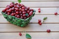 Ripe cherries in a basket on wooden table Royalty Free Stock Photo