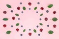Ripe cherries, blueberries and green leaves arranged in a circle on a pink background