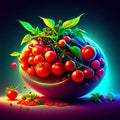 Ripe cherries in a bowl on a dark background. 3d rendering AI generated