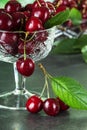 Ripe cherries in crystal vase, on gray surface
