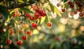 Ripe cherries dangling temptingly from the branches of a cherry tree in a vibrant garden Royalty Free Stock Photo