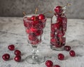 Ripe cherries in a glass bowl with carbonated soda Royalty Free Stock Photo