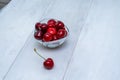 Ripe cherries in a glass bowl on a white wooden background