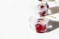 Ripe cherries in ice cubes on white background with hard sunlight, dark shadow, glare on glass. Preservation of vitamins for