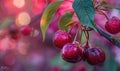 Ripe cherries peeking out from the branches of a cherry blossom tree Royalty Free Stock Photo