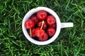 Ripe cherries in a white cup on a background of green grass. juicy sweet berries