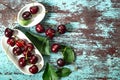 Ripe cherries on a white plate. Top view