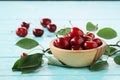 Ripe cherries in a wooden bowl on the background of painted boards