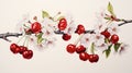 A ripe cherry, its vibrant red hue complemented by dainty cherry blossoms and leaves