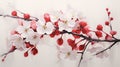 A ripe cherry, its vibrant red hue complemented by dainty cherry blossoms and leaves