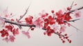 A ripe cherry, its vibrant red hue complemented by dainty cherry blossoms and leaves