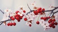 A ripe cherry, its vibrant red hue complemented by dainty cherry blossoms and leaves