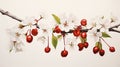 A ripe cherry, its vibrant red hue complemented by dainty cherry blossoms and leaves