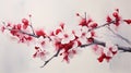 A ripe cherry, its vibrant red hue complemented by dainty cherry blossoms and leaves