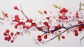 A ripe cherry, its vibrant red hue complemented by dainty cherry blossoms and leaves