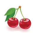 Ripe cherry with leaves. Two sweet red berries. Cartoon vector icon isolated on white background. Royalty Free Stock Photo