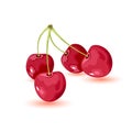 Ripe cherry with leaves. Two sweet red berries. Cartoon vector icon isolated on white background. Royalty Free Stock Photo