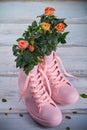 Coral-colored roses with water droplets on the leaves in pink rubber sneakers on a wooden background