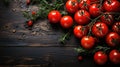 Ripe Cherry Tomatoes Cluster with Rosemary on Dark Wood.Generative ai Royalty Free Stock Photo