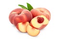 Ripe chinese flat peach fruit and half with leaf isolated on white background Royalty Free Stock Photo