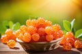 ripe cloudberries, orchard, green background, sunny day Royalty Free Stock Photo