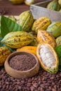 Ripe cocoa pod and nibs, cocoa beans setup background