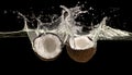 Ripe coconut halves falling into water, black background