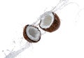 ripe coconut split in half with a splash Royalty Free Stock Photo
