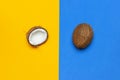 Ripe coconut on yellow and blue colored background, minimal flat lay style top view with copy space. Pop art design, creative Royalty Free Stock Photo