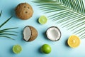 Ripe coconuts, lime and lemon on color background