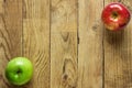 Ripe Colorful Red Green Apples on Weathered Wood Background. Corner Frame. Autumn Fall Thanksgiving Harvest. Copy Space Royalty Free Stock Photo