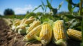 Ripe corn cobs on corn field background, corn sale concept, Generative AI