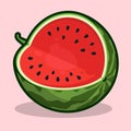 Ripe cut watermelon. Autumn harvesting. Watermelon icon with thick stroke. Cartoon vector on colored background