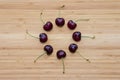 Ripe dark red cherries in circle on wooden board