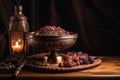 Ripe dates on an Arabian-style metal bowl with a small lamp and candle inside the lamp. Muslim festival Ramadan iftar concept with