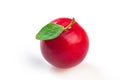 Ripe delicious red plum with leaf, top view. Close-up, isolated