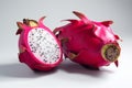 Ripe dragon fruit, pitaya or pitahaya on white background, fruit healthy concept. Tropical fruits, whole and sliced dragon fruit. Royalty Free Stock Photo