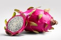 Ripe dragon fruit, pitaya or pitahaya on white background, fruit healthy concept. Tropical fruits, whole and sliced dragon fruit. Royalty Free Stock Photo