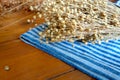 Ripe dried flax on the linen cloth fabrics