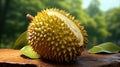 Ripe Durian Resting on Table - King of Fruits Close-Up