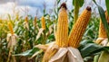 Ripe ear of golden corn growing in plantation field. Natural farm product