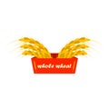 Wheat ears logo. Ribbon with the inscription whole wheat. Golden and yellow colors. Emblem, icon. Isolated vector illustration.