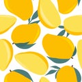 Ripe exotic fruits, decorative background. Colorful seamless pattern with mango, leaves Royalty Free Stock Photo