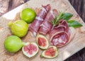 Ripe fig fruits and bacon or prosciutto. Food to accompany the drinks