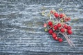 Ripe forest wild strawberry on a gray ancient wooden back