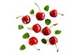 Ripe fresh cherries on white background. Top view. Berry background. Summer berries texture. Copy Space Royalty Free Stock Photo