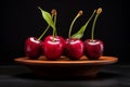 Ripe fresh cherries on wooden plate. Generative AI Royalty Free Stock Photo