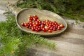 Ripe fresh cowberry lingonberry, partridgeberry, foxberry from belarusian forest in wooden bowl on rustic vintage table Royalty Free Stock Photo