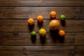 Ripe fresh grapefruits on wooden table. Top view, copy space Royalty Free Stock Photo